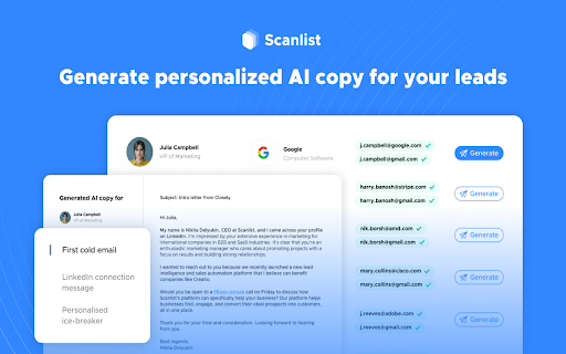 Scanlist: Email Finder Sales Copy Generator from Chrome web store to be run with OffiDocs Chromium online Scanlist: Email Finder Sales Copy Generator from Chrome web store to be run with OffiDocs Chromium online