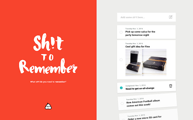 Sh!t to Remember from Chrome web store to be run with OffiDocs Chromium online Sh!t to Remember from Chrome web store to be run with OffiDocs Chromium online