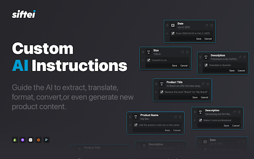 Siftei AI Product Scraper for Shopify from Chrome web store to be run with OffiDocs Chromium online Siftei AI Product Scraper for Shopify from Chrome web store to be run with OffiDocs Chromium online