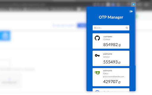 Simple OTP Manager Browser Extension from Chrome web store to be run with OffiDocs Chromium online Simple OTP Manager Browser Extension from Chrome web store to be run with OffiDocs Chromium online