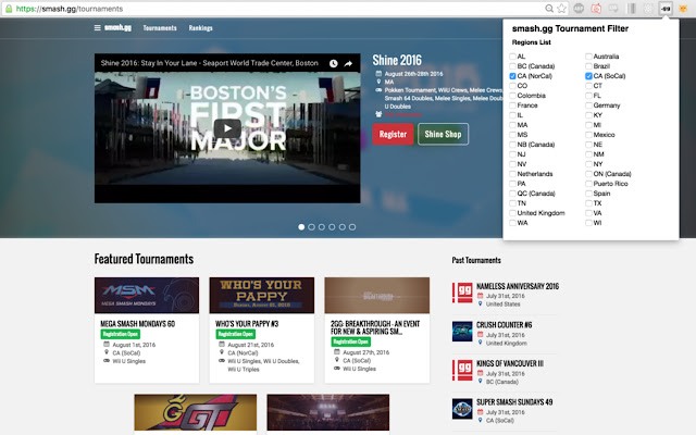 smash.gg Tournament Filter from Chrome web store to be run with OffiDocs Chromium online smash.gg Tournament Filter from Chrome web store to be run with OffiDocs Chromium online