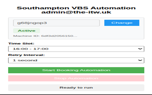 Southampton VBS Booking Automation from Chrome web store to be run with OffiDocs Chromium online Southampton VBS Booking Automation from Chrome web store to be run with OffiDocs Chromium online