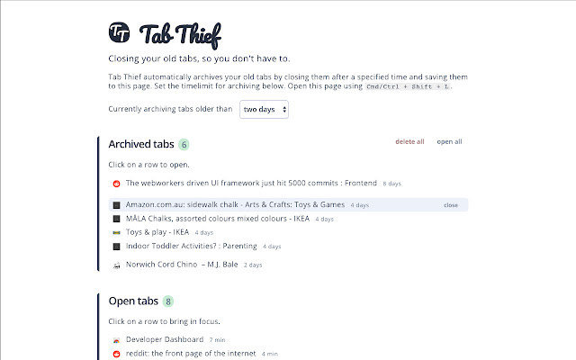 Tab Thief Archive old tabs from Chrome web store to be run with OffiDocs Chromium online Tab Thief Archive old tabs from Chrome web store to be run with OffiDocs Chromium online
