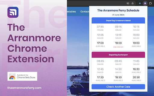 The Arranmore Ferry from Chrome web store to be run with OffiDocs Chromium online The Arranmore Ferry from Chrome web store to be run with OffiDocs Chromium online