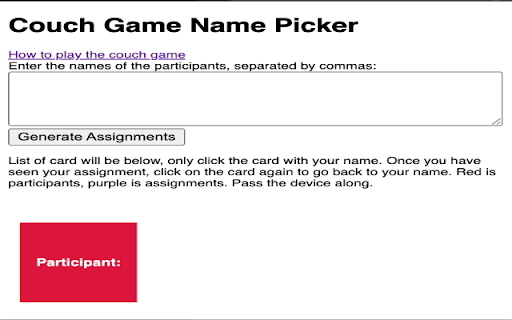 The Couch Game Name Picker from Chrome web store to be run with OffiDocs Chromium online The Couch Game Name Picker from Chrome web store to be run with OffiDocs Chromium online