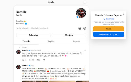Threads Followers Exporter from Chrome web store to be run with OffiDocs Chromium online Threads Followers Exporter from Chrome web store to be run with OffiDocs Chromium online