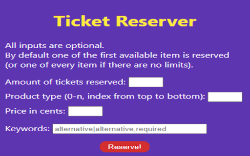 Ticket reserver from Chrome web store to be run with OffiDocs Chromium online Ticket reserver from Chrome web store to be run with OffiDocs Chromium online