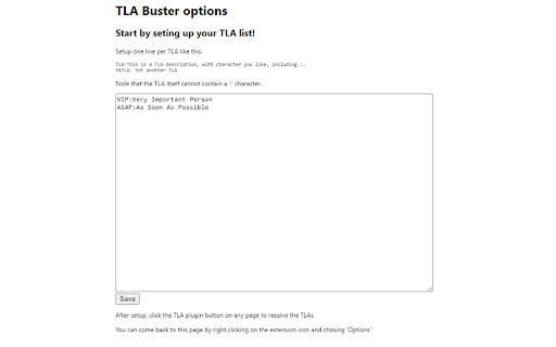 TLA Buster from Chrome web store to be run with OffiDocs Chromium online TLA Buster from Chrome web store to be run with OffiDocs Chromium online