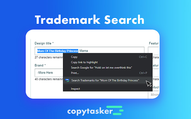 Trademark search Print on Demand Copytasker from Chrome web store to be run with OffiDocs Chromium online Trademark search Print on Demand Copytasker from Chrome web store to be run with OffiDocs Chromium online