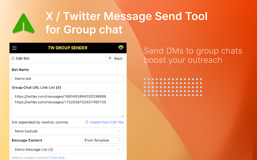 TwGroupDM Twitter GroupChat Mass Sender from Chrome web store to be run with OffiDocs Chromium online TwGroupDM Twitter GroupChat Mass Sender from Chrome web store to be run with OffiDocs Chromium online