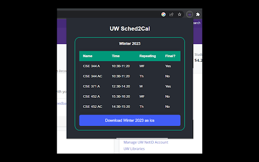 UW Sched2Cal from Chrome web store to be run with OffiDocs Chromium online UW Sched2Cal from Chrome web store to be run with OffiDocs Chromium online