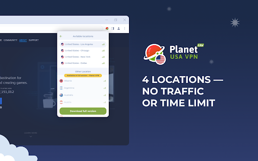 VPN USA Planet VPN lite Proxy from Chrome web store to be run with OffiDocs Chromium online VPN USA Planet VPN lite Proxy from Chrome web store to be run with OffiDocs Chromium online
