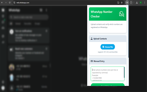 WhatsApp Number Checker: Check Verify Whatsapp Number from Chrome web store to be run with OffiDocs Chromium online WhatsApp Number Checker: Check Verify Whatsapp Number from Chrome web store to be run with OffiDocs Chromium online