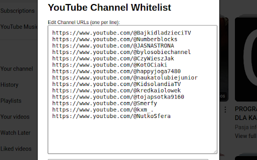YouTube Channel Whitelist from Chrome web store to be run with OffiDocs Chromium online YouTube Channel Whitelist from Chrome web store to be run with OffiDocs Chromium online