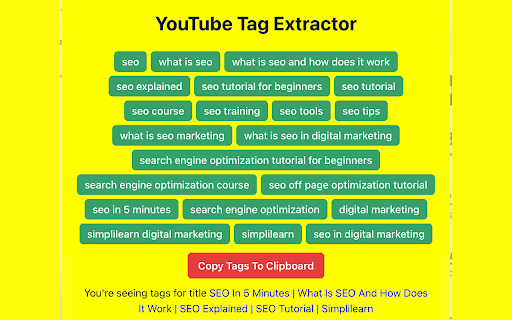 YouTube Tags Extractor from Chrome web store to be run with OffiDocs Chromium online YouTube Tags Extractor from Chrome web store to be run with OffiDocs Chromium online