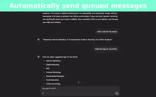AI Message Queue ChatGPT Queue for Prompt Chains and Bulk Prompting from Chrome web store to be run with OffiDocs Chromium online AI Message Queue ChatGPT Queue for Prompt Chains and Bulk Prompting from Chrome web store to be run with OffiDocs Chromium online