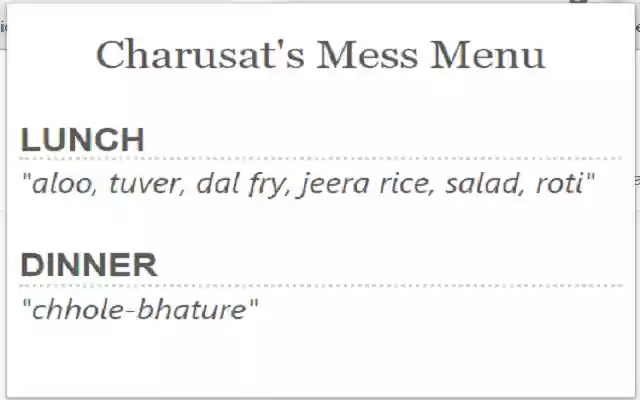Charusat Mess Menu from Chrome web store to be run with OffiDocs Chromium online Charusat Mess Menu from Chrome web store to be run with OffiDocs Chromium online