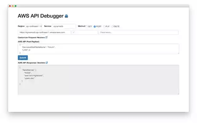 Chrome AWS API Debugger from Chrome web store to be run with OffiDocs Chromium online Chrome AWS API Debugger from Chrome web store to be run with OffiDocs Chromium online