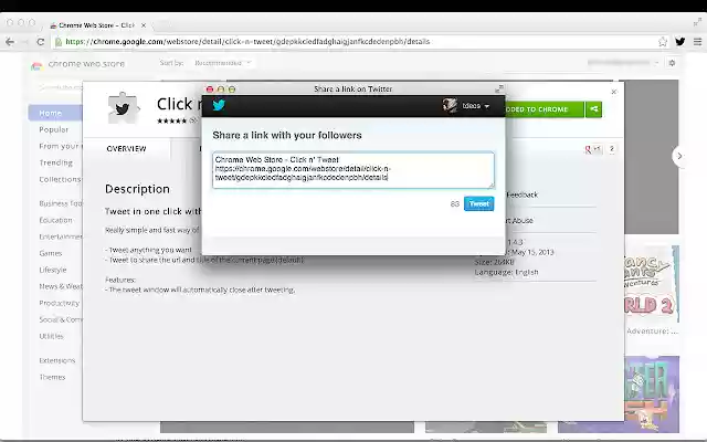 Click n Tweet from Chrome web store to be run with OffiDocs Chromium online Click n Tweet from Chrome web store to be run with OffiDocs Chromium online