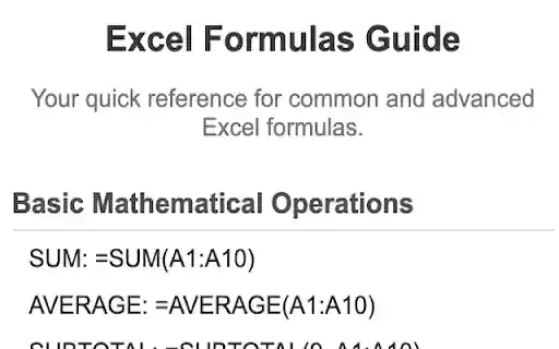 Excel Formulas Guide from Chrome web store to be run with OffiDocs Chromium online Excel Formulas Guide from Chrome web store to be run with OffiDocs Chromium online