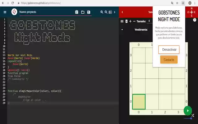 Gobstones Night Mode from Chrome web store to be run with OffiDocs Chromium online Gobstones Night Mode from Chrome web store to be run with OffiDocs Chromium online
