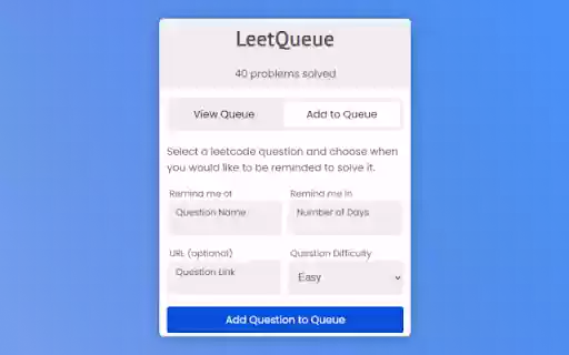 LeetQueue from Chrome web store to be run with OffiDocs Chromium online LeetQueue from Chrome web store to be run with OffiDocs Chromium online