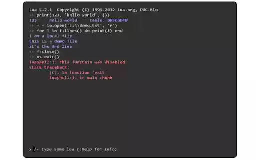 Lua Shell from Chrome web store to be run with OffiDocs Chromium online Lua Shell from Chrome web store to be run with OffiDocs Chromium online