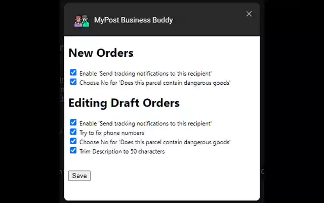 MyPost Business Buddy from Chrome web store to be run with OffiDocs Chromium online MyPost Business Buddy from Chrome web store to be run with OffiDocs Chromium online