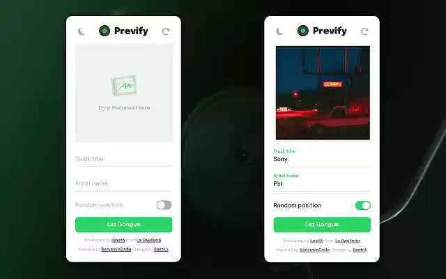 Prevify — Spotify Artwork Previewer from Chrome web store to be run with OffiDocs Chromium online Prevify — Spotify Artwork Previewer from Chrome web store to be run with OffiDocs Chromium online