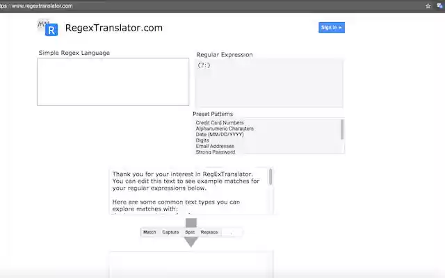 RegExTranslator: Decode RegEx in your browser from Chrome web store to be run with OffiDocs Chromium online RegExTranslator: Decode RegEx in your browser from Chrome web store to be run with OffiDocs Chromium online
