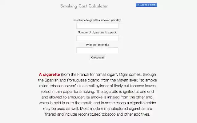 Smoking Calculator from Chrome web store to be run with OffiDocs Chromium online Smoking Calculator from Chrome web store to be run with OffiDocs Chromium online