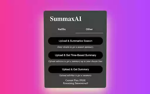 Summax AI: Summarize Netflix movies/shows up to current playback time from Chrome web store to be run with OffiDocs Chromium online Summax AI: Summarize Netflix movies/shows up to current playback time from Chrome web store to be run with OffiDocs Chromium online