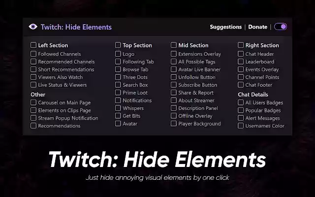 Twitch: Hide Elements from Chrome web store to be run with OffiDocs Chromium online Twitch: Hide Elements from Chrome web store to be run with OffiDocs Chromium online