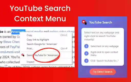 YouTube Search Context Menu Quick Video Search from Chrome web store to be run with OffiDocs Chromium online YouTube Search Context Menu Quick Video Search from Chrome web store to be run with OffiDocs Chromium online